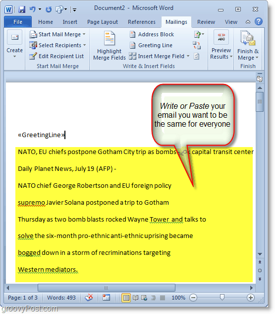 Outlook 2010-skærmbillede - skriv dit masseindhold via e-mail