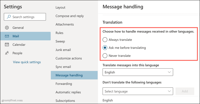 Oversættelsesindstillinger i Outlook online