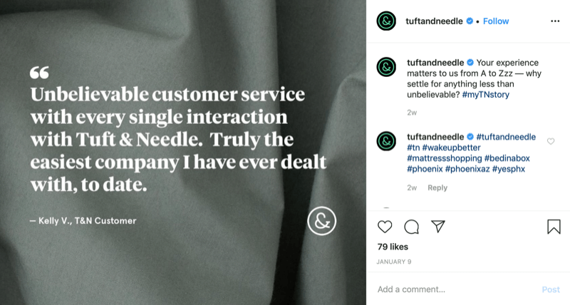 kundecitatgrafik fra Tuft og Needle Instagram-konto