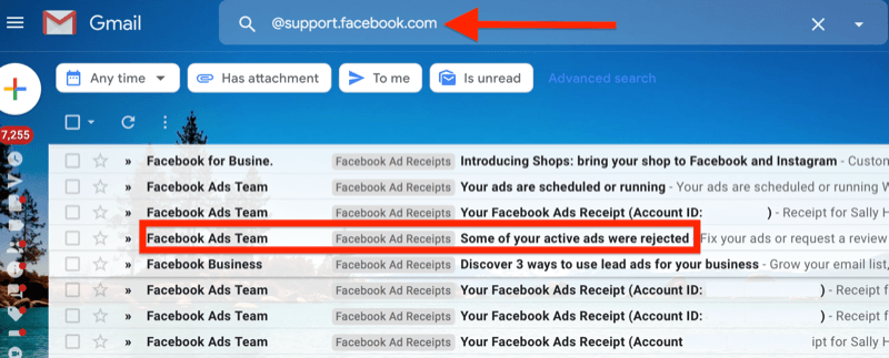 eksempel på et gmail-filter til @ support.facebook.com for at isolere alle e-mail-meddelelser fra Facebook-annoncer