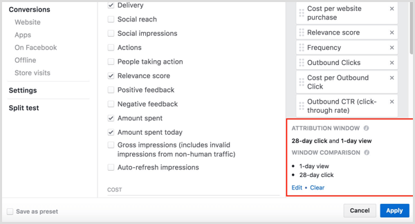facebook ads manager tilpasser kolonneklik og se konverteringer