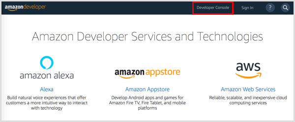 Klik på knappen Developer Console for at oprette en Amazon Developer-konto.