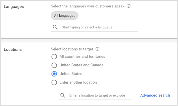Indstillinger for sprog og placeringer til Google AdWords-kampagne.