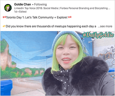Dette er et screenshot af en LinkedIn-video, hvor Goldie Chan dokumenterer sine rejser. Teksten over videoen siger “Toronto Day 1: Let