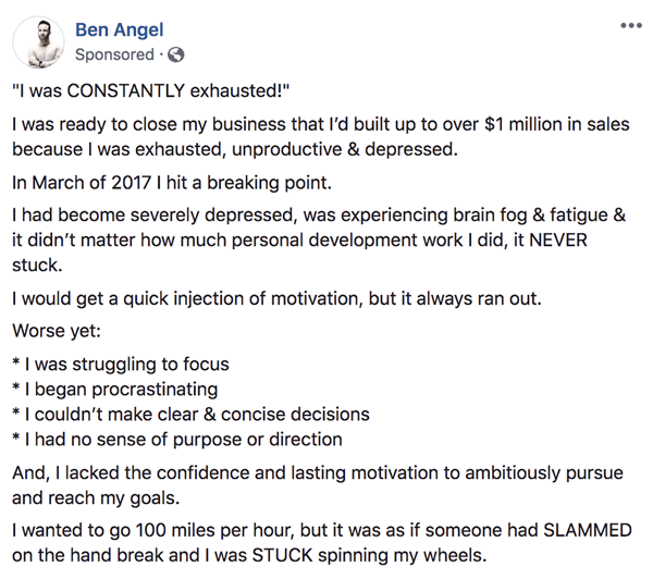 Sådan skriver og strukturerer du tekstbaserede Facebook-sponsorerede indlæg i længere form, trin 1, eksempel på baggrund af udsagn fra Ben Angel