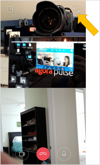 Tryk på dobbeltpilikonet øverst til højre på din skærm for at skifte til det bagudvendte kamera når som helst under Instagram live videochat.