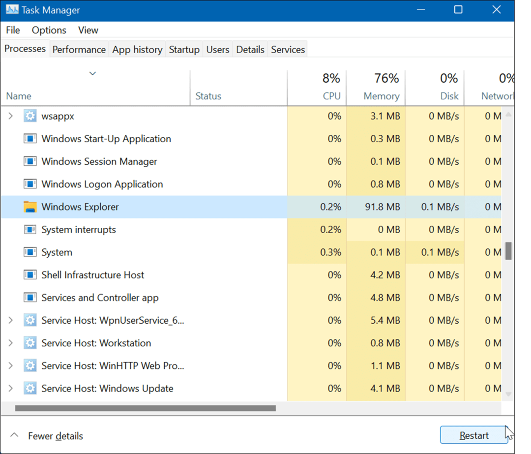 Genstart Windows Stifinder, nulstil proceslinjens indstillinger i Windows 11