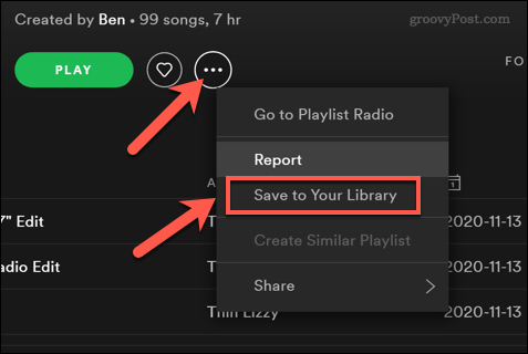 Gemme en Spotify-afspilningsliste i et brugerbibliotek