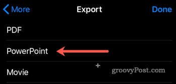 Eksport fra Keynote til PowerPoint på iOS