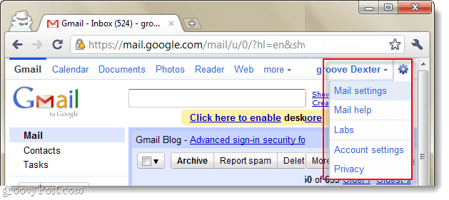 gmail mail-indstillinger rullemenu