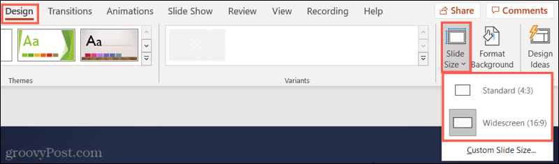 Klik på Standard eller Widescreen for at få din PowerPoint-diasstørrelse