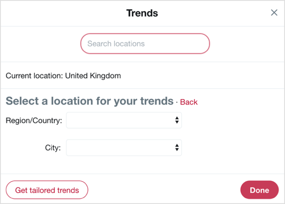 Vælg det land og den by, du vil fokusere på med Twitter-tendenser.