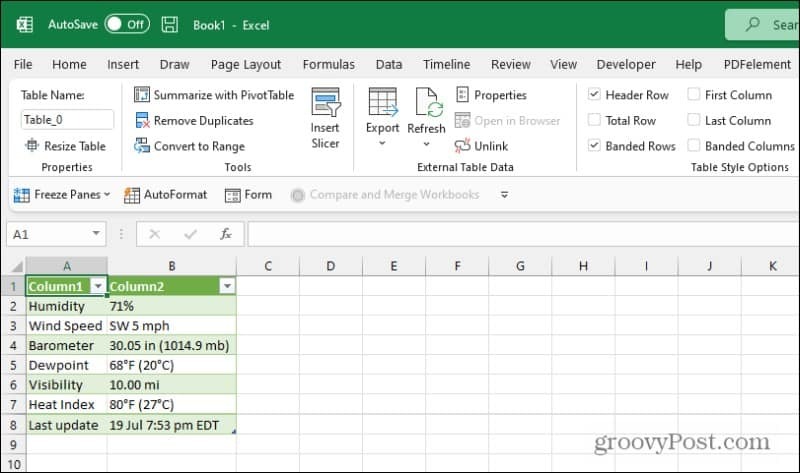 excel webforespørgselsresultater