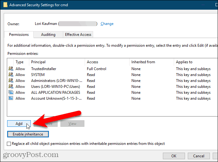 Klik på Tilføj i dialogboksen Avancerede sikkerhedsindstillinger i Windows-registreringsdatabasen