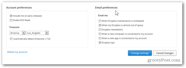 dropbox-konfigurering af e-mail-præferencer