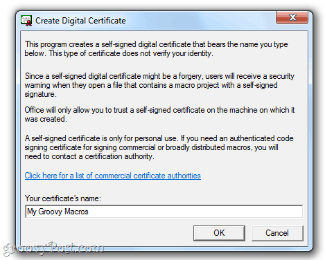 Opret et selvsigneret digitalt certifikat i Office 2010