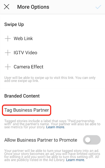 Tag Business Partner-mulighed for Instagram Stories