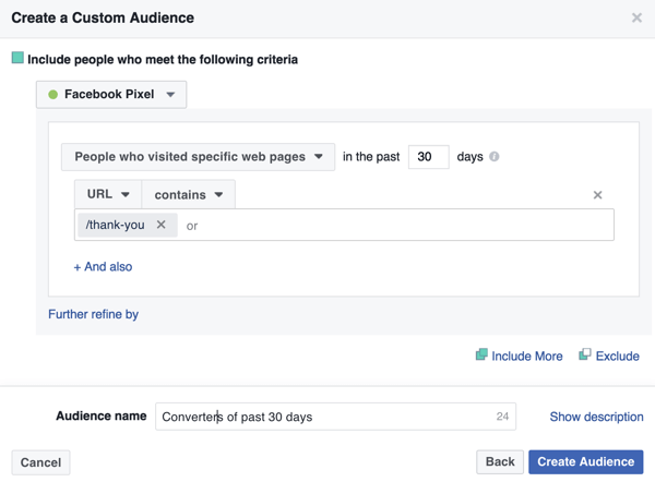For at oprette et Facebook-tilpasset publikum af tidligere købere skal du tilføje din tak-side-URL.