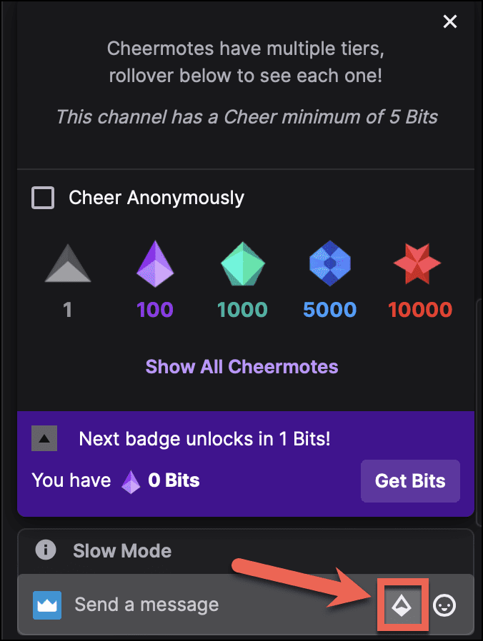 Vælg diamantikonet i Twitch-chatten for at sende bits til en streamer