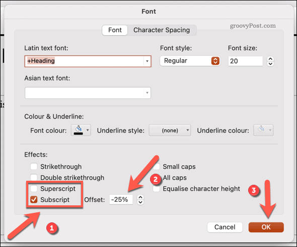 Ændring af skrifttype til abonnement eller overskrift i Powerpoint på Mac