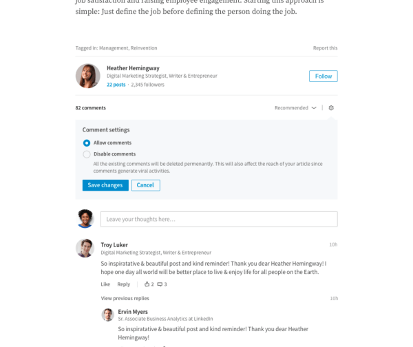 LinkedIn rullede udgivernes evne til direkte at styre kommentarerne på deres langformede artikler.