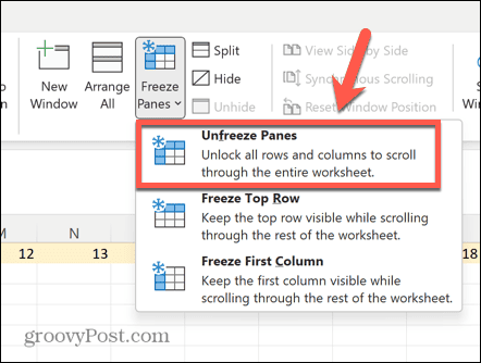 excel unfreeze ruder