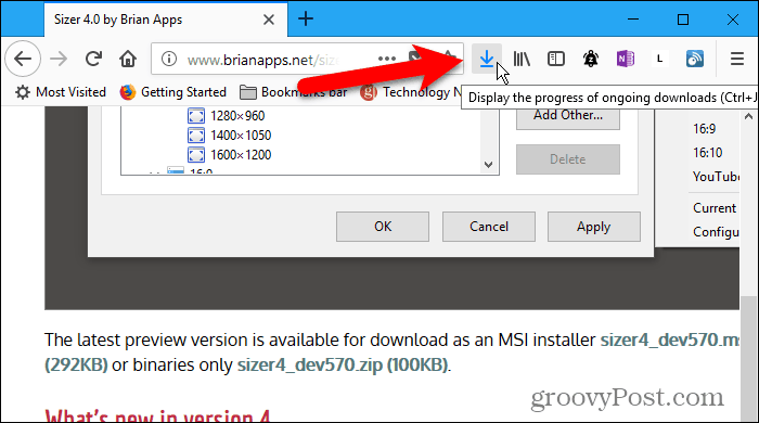 Knappen Downloads vises på værktøjslinjen, når den downloades i Firefox