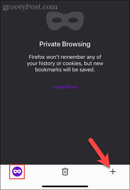 Tryk på knappen Ny fane i privat browsingtilstand i Firefox på iOS