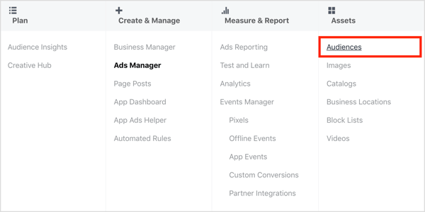 Åbn målgruppens dashboard i Facebook Ads Manager.