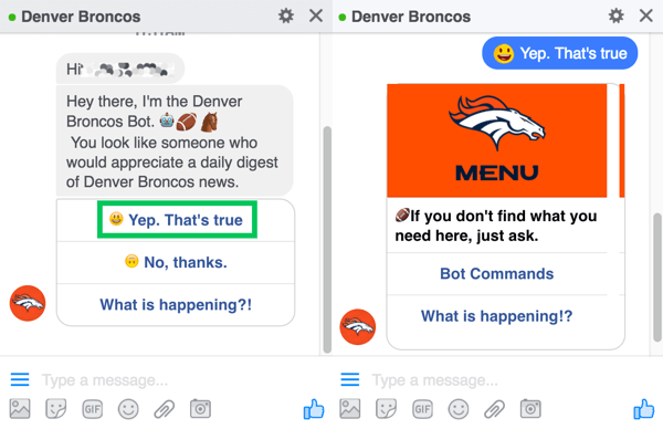 Denver Broncos chatbot beder brugerne om at tilmelde sig deres daglige fordøjelse.