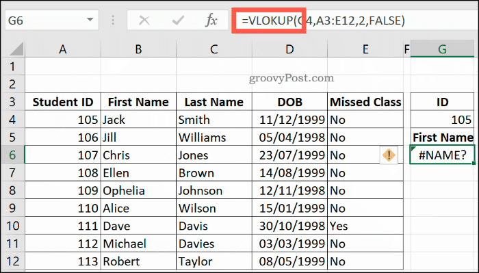 En fejlagtig VLOOKUP-formel i Excel, der returnerer en NAME-fejl