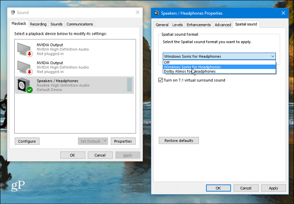Indstilling af rumlig lyd i Windows 10