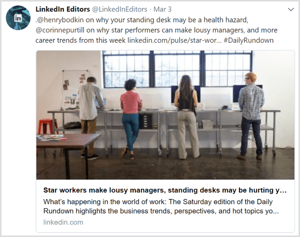 En tweet af daglige artikler fra LinkedIn Editors Twitter-feed