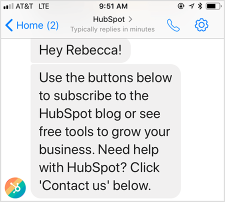 HubSpots chatbot velkomstmeddelelse giver dig mulighed for at kontakte et menneske.