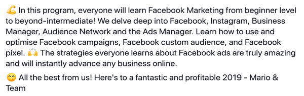 Sådan skriver og strukturerer du tekstbaserede Facebook-sponsorerede indlæg i længere form, trin 6, programfunktioners erklæringseksempel af Damn Good Academy af Mario
