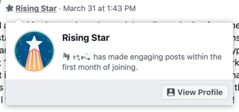 Sådan bruges Facebook Groups-funktioner, eksempel på Rising Star-gruppebadge