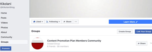 Din tilknyttede gruppe vises på fanen Grupper på din Facebook-side.