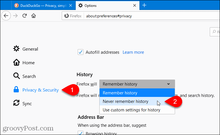 Vælg Husk aldrig historie i Firefox