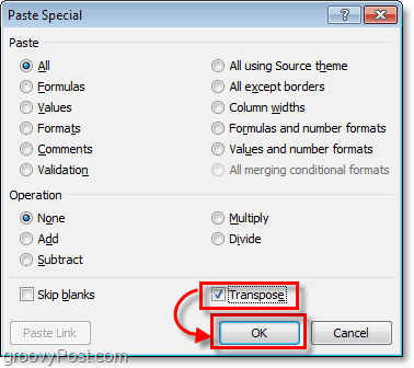 valg af transponering i excel 2010-pasta