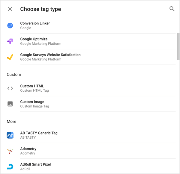 Vælg den type tag, du vil føje til Google Tag Manager.