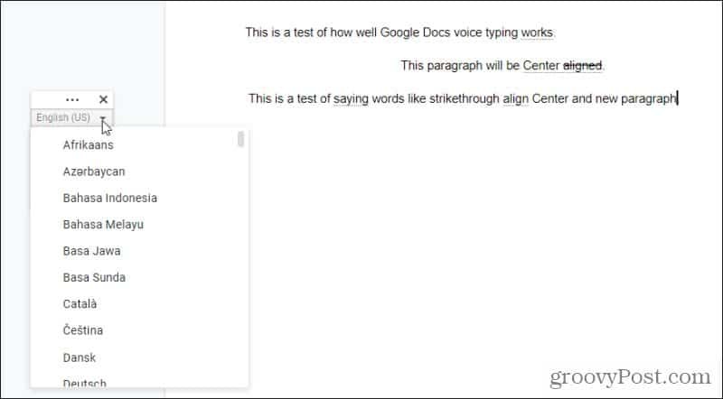 google docs sprog til stemmeskrivning
