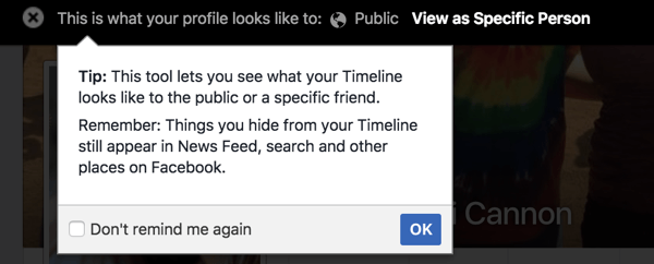 Brug funktionen Vis som for at se, hvordan din Facebook-profil vises for andre.