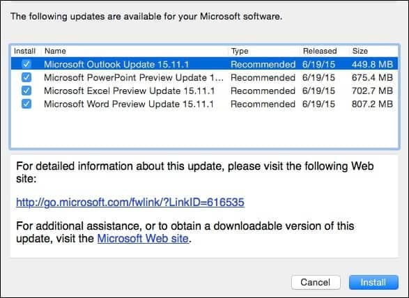 Microsoft Office 2016 til Mac Preview-opdatering KB3074179