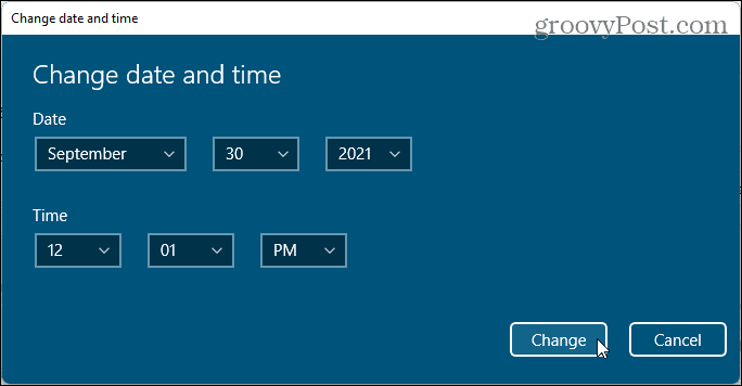 Skift dato og klokkeslæt -dialog i Windows 11