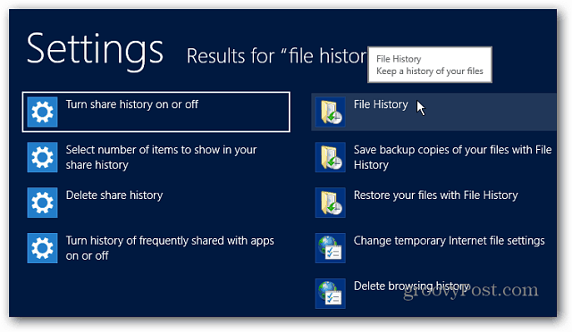 Filhistorikindstillinger Søg Windows 8