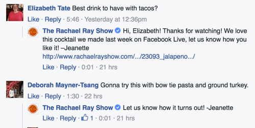 rachel ray showet facebook kommentar svarer eksempel