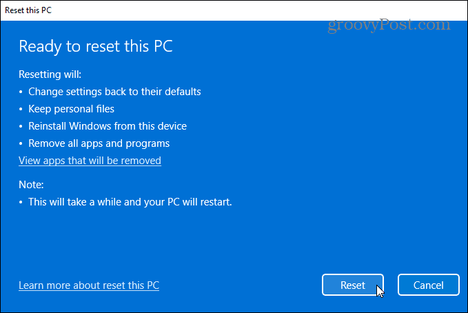 klar til at nulstille Windows 11 PC