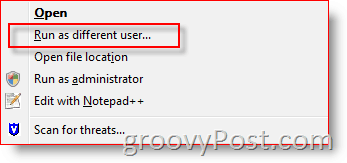 Tilføj kørsel som forskellig bruger til Windows Explorer-kontekstmenu til Vista og Server 2008:: groovyPost.com