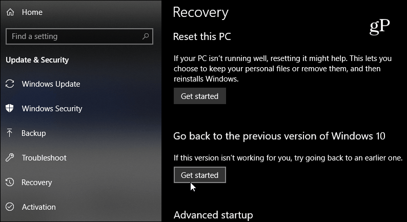 gå tilbage til den tidligere version af Windows 10