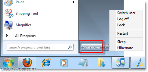 Windows 7 startmenu tænd / sluk-knap med standardegenskaber som lukket